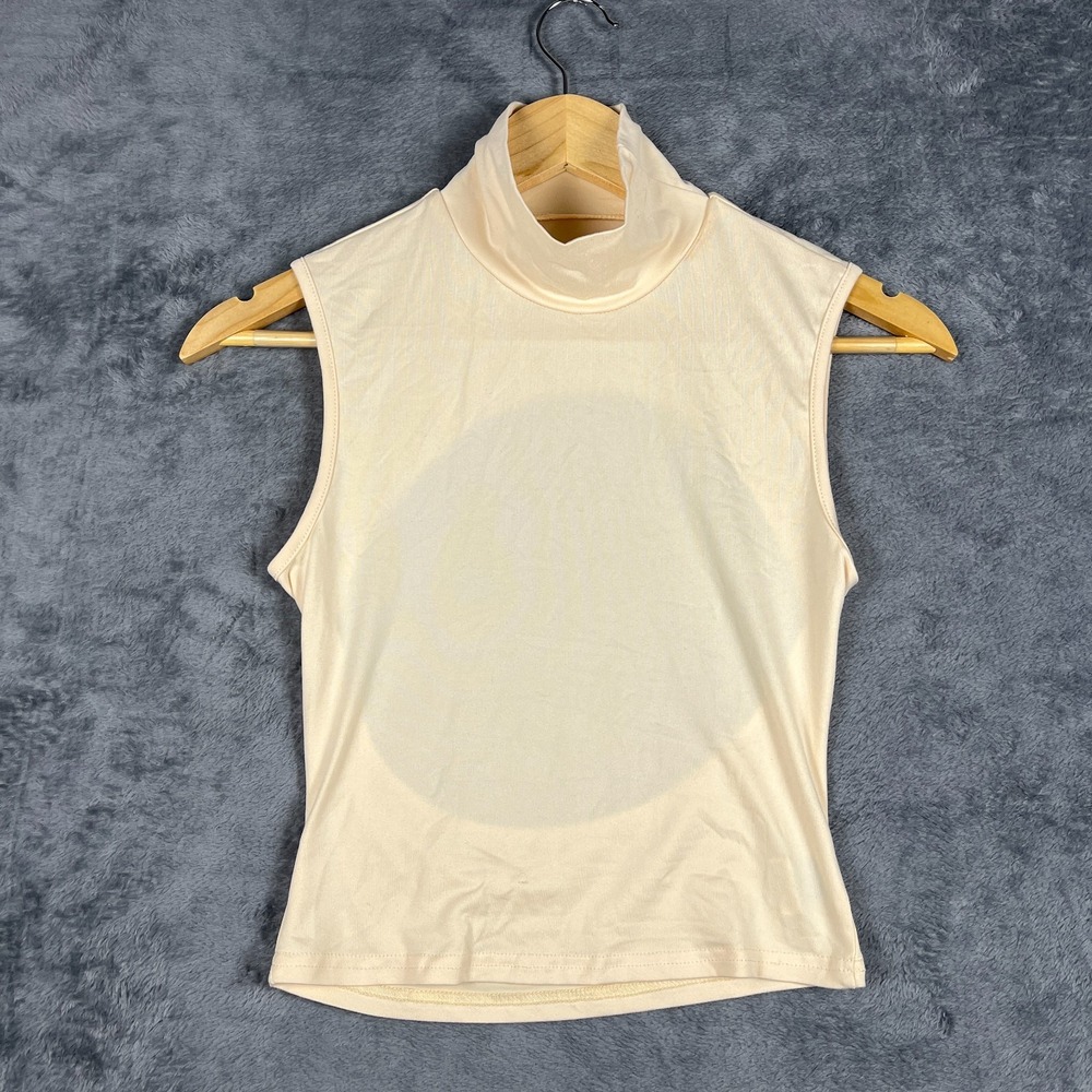 Shein Cropped Top Womens 2 Beige Stretch Mock Neck Sleeveless Open Cutout Back
